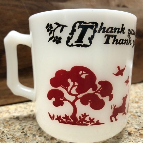 Hazel Atlas Milk Glass Mug White Red Kiddieware Child’s Thank You Prayer Vintage - Picture 2 of 6